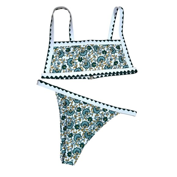 Floral Cheeky Bikini Sexy Swimsuit Green White Size Small NWOT - Picture 1 of 7